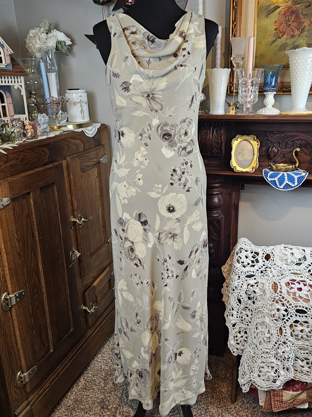 Alyn Paige 90s Bias Cut Floral Maxi Dress Cowl Neck Made USA 9/10